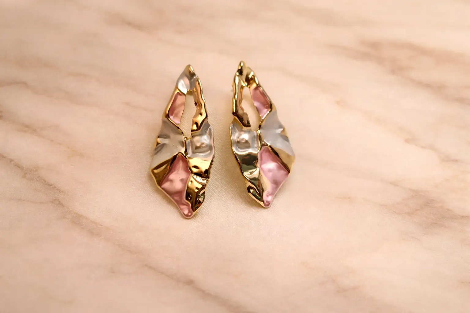 Tricolor Abstract Molten Statement Earrings – Gold, Silver & Sunset Pink Sculptural Liquid Metal Drops