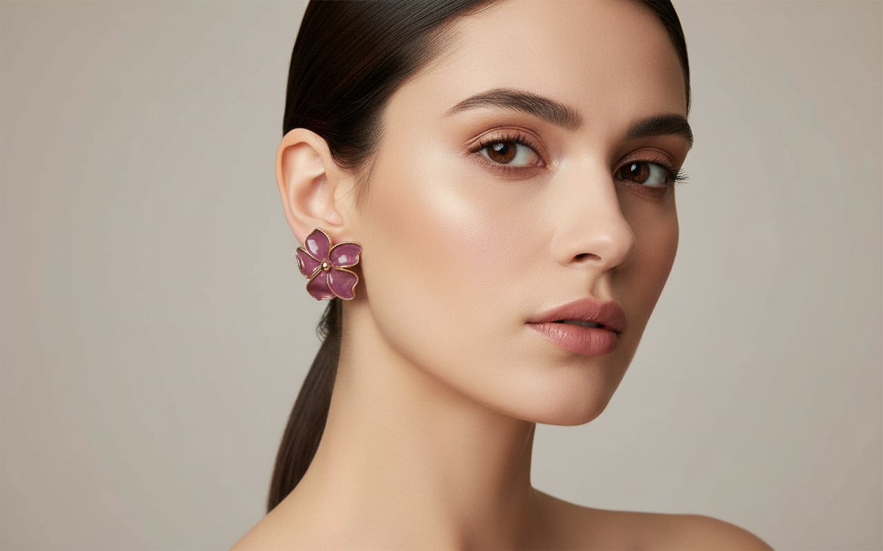 Rosewood Bloom Korean Floral Stud Earrings