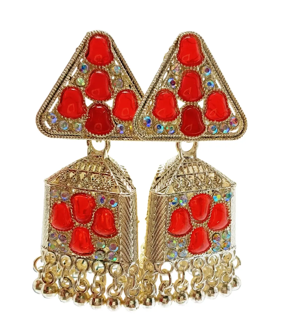 Traditional Red Meenakari & Crystal Studded Chandelier Drop Earrings