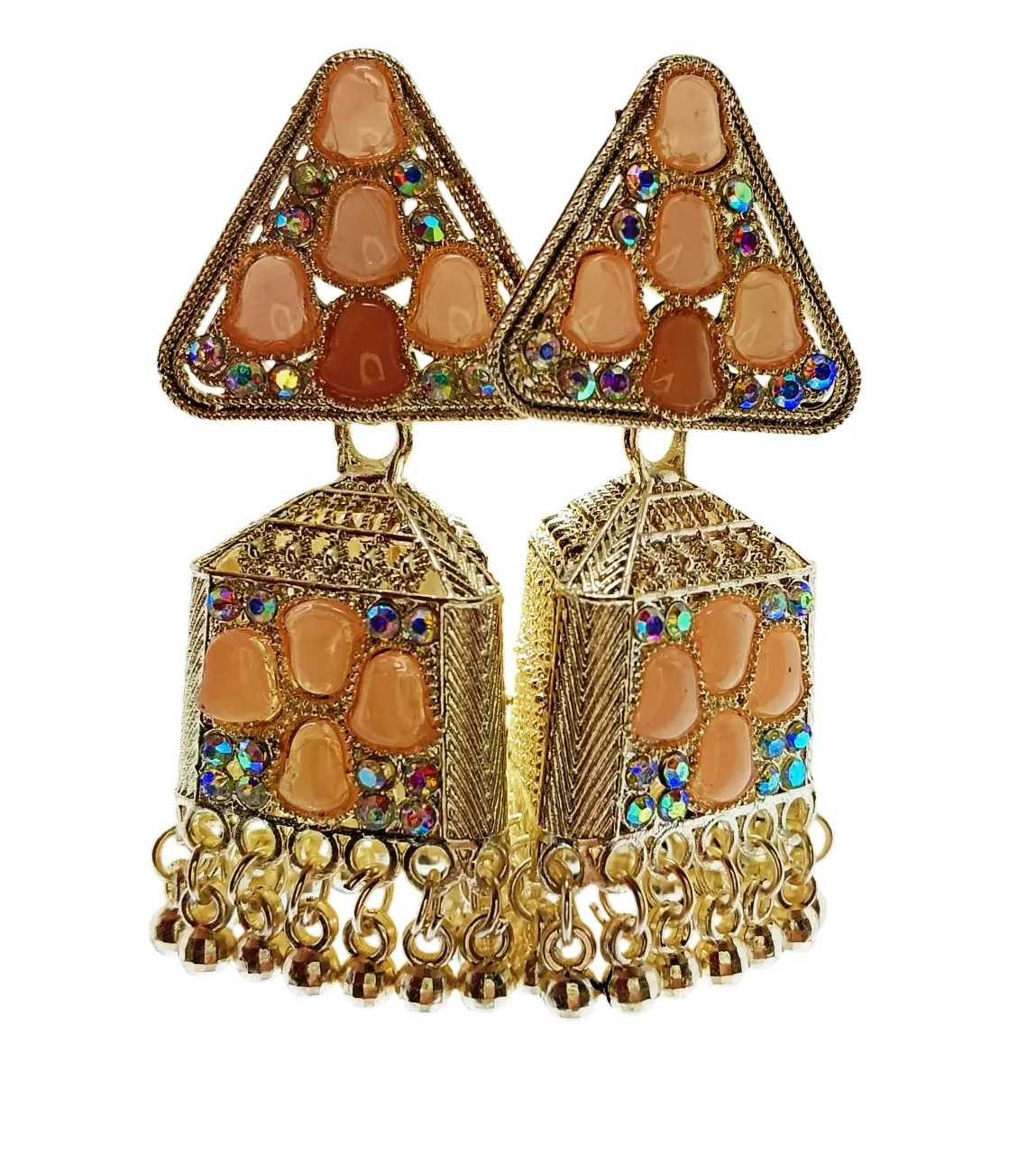 Traditional Peach-Pink Stone & Crystal Studded Chandelier Drop Earrings