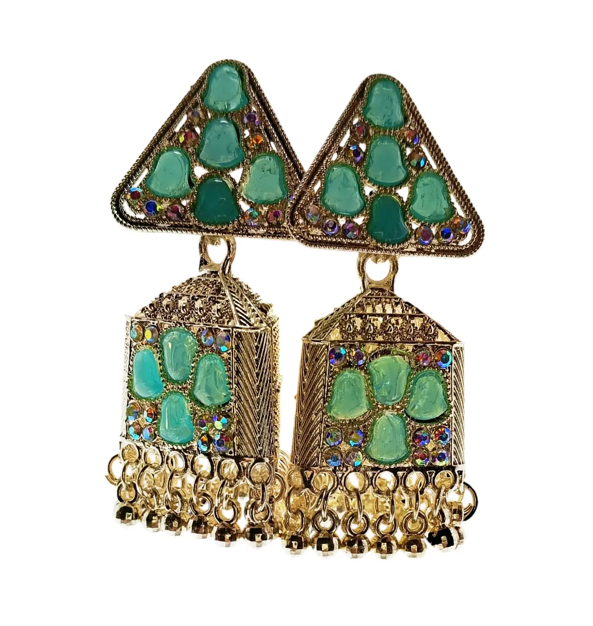 Traditional Sea Green Stone & Crystal Studded Chandelier Drop Earrings