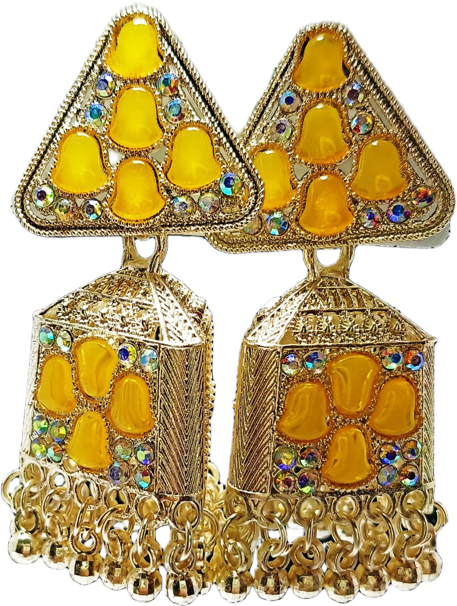 Traditional Yellow Stone & Crystal Studded Chandelier Drop Earrings
