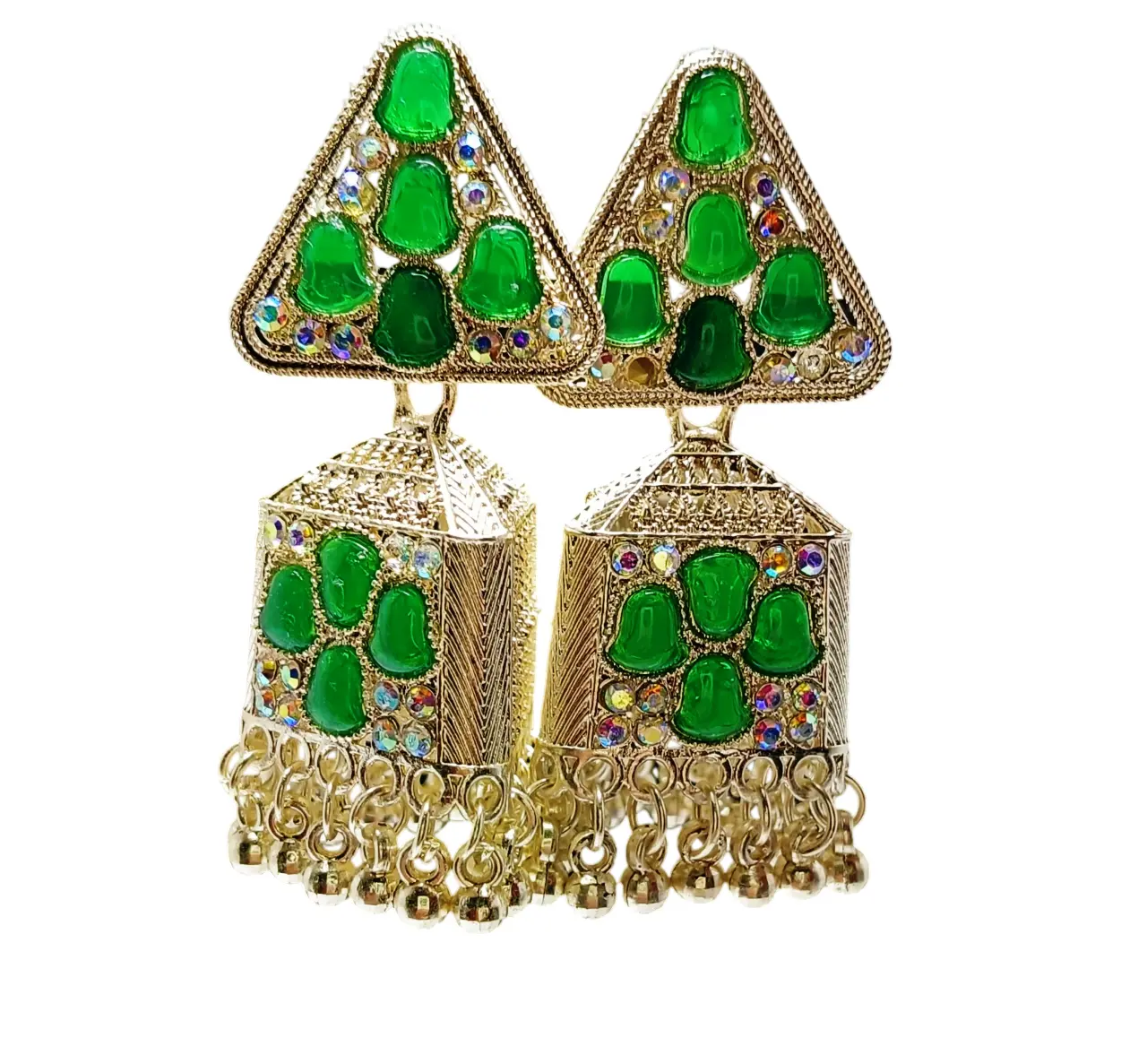 Traditional Green Stone & Crystal Studded Chandelier Drop Earrings