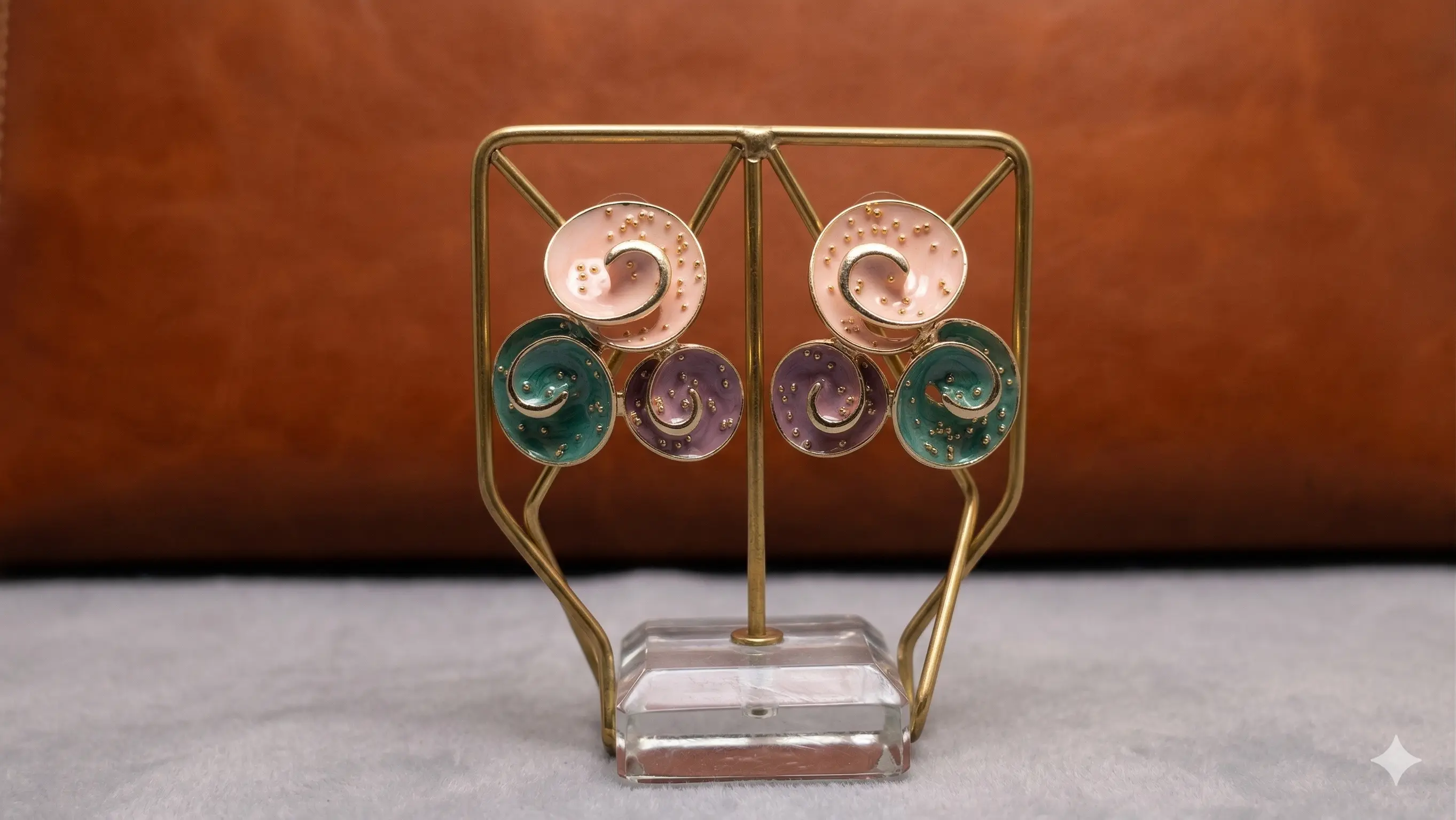 Trio-Tone Enamel Swirl Triple Drop Earrings - Hand-Painted Floral Studs with Gold-Tone Accents