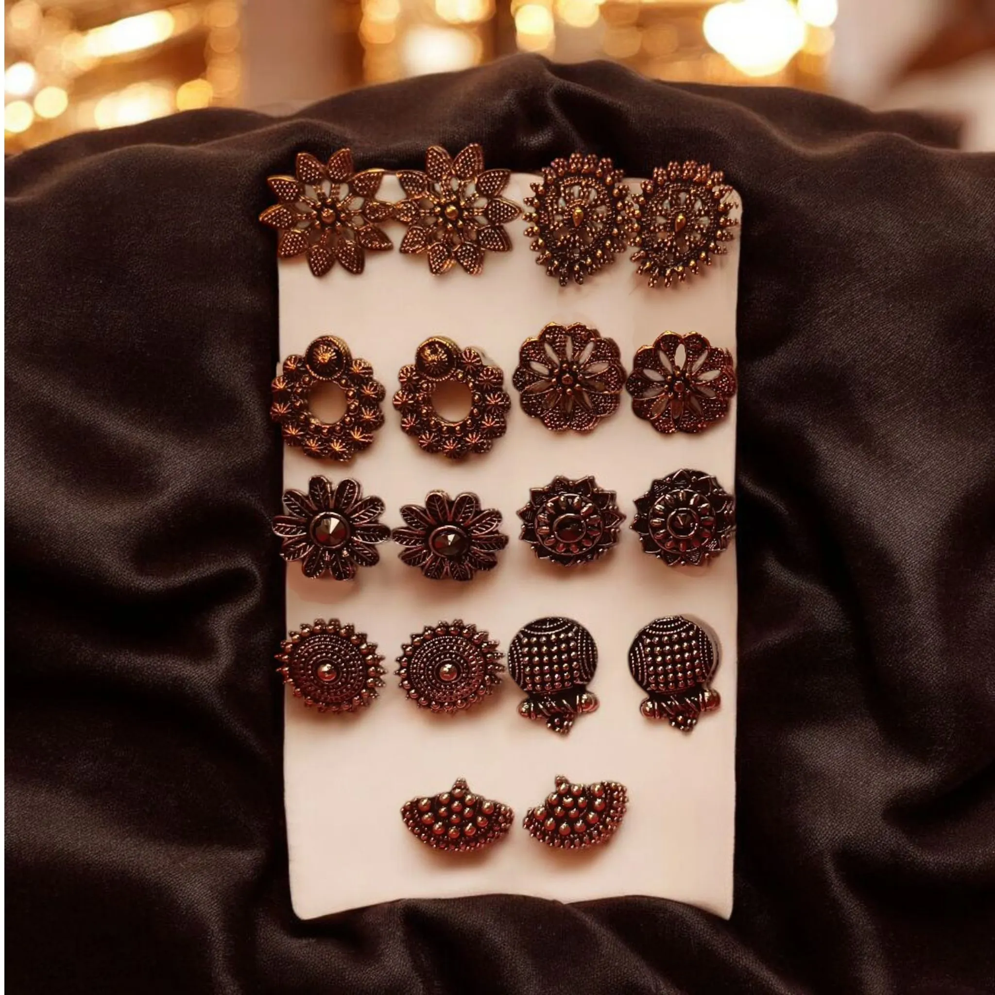 9-Pair Set Antique Oxidized Silver-Tone Stud Earrings - Ethnic Floral and Mandala Designs for Women & Girls