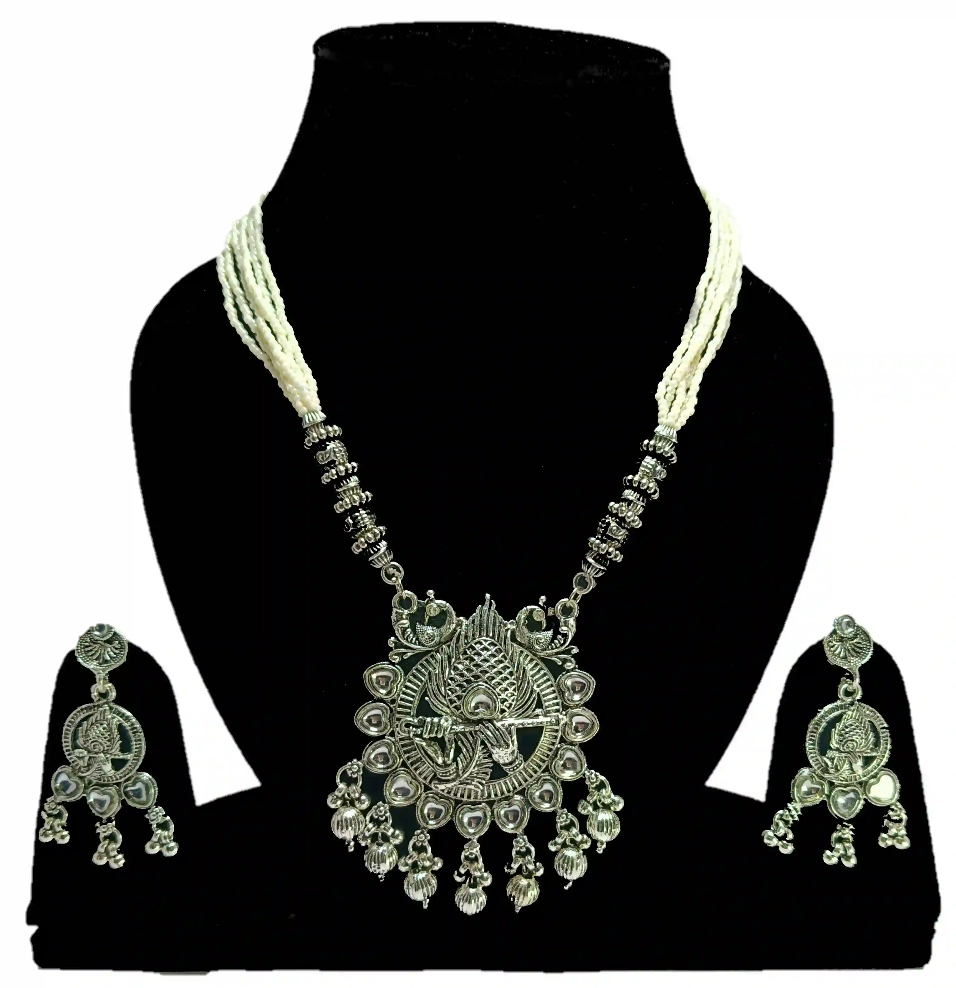 Traditional Oxidized Silver Peacock Pendant Necklace Set with Earrings