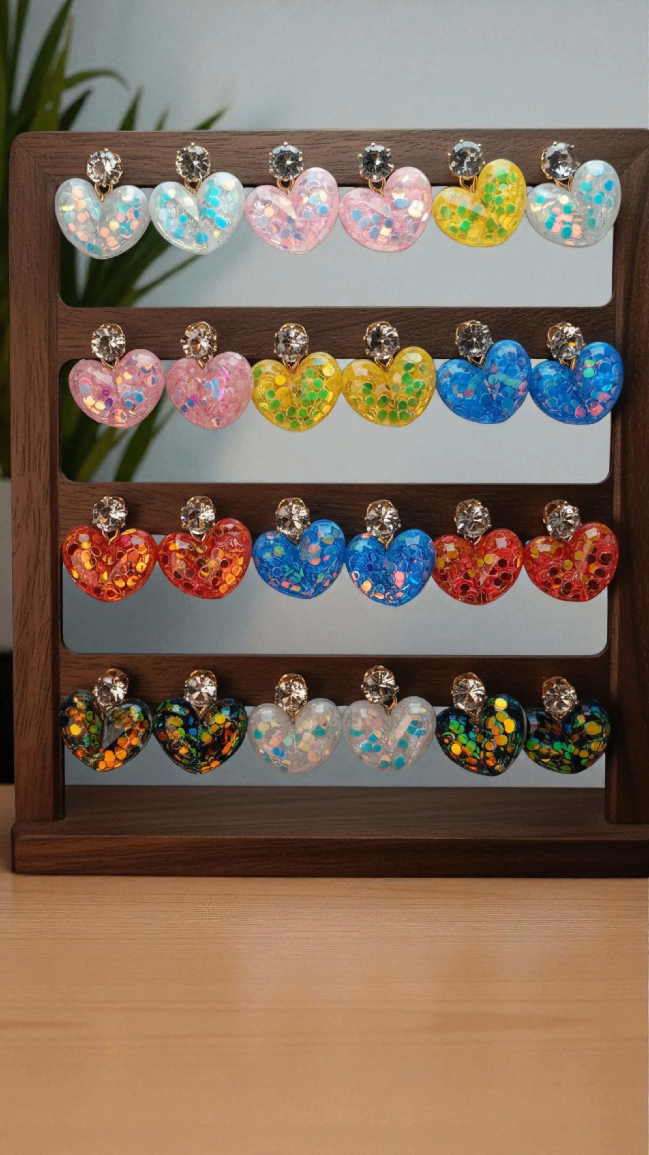 12-Pair Set Heart-Shaped Glitter Resin Drop Earrings - Colorful Shimmering Heart Dangles with Crystal Stud Toppers
