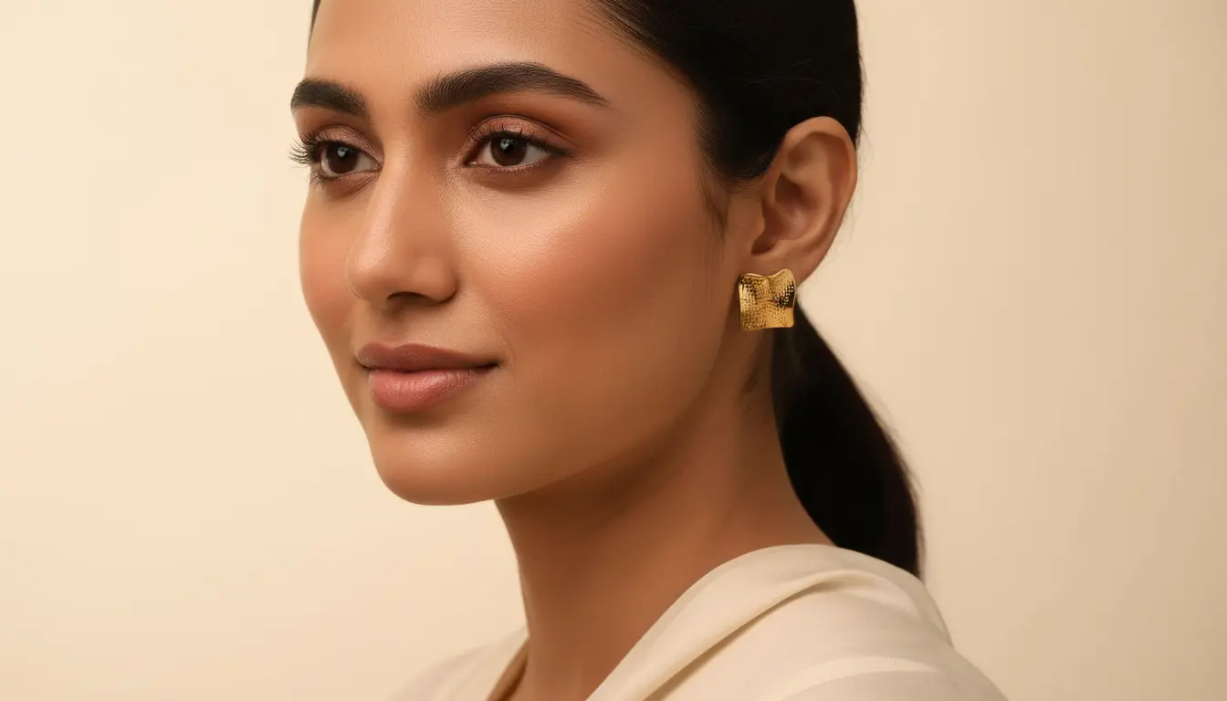 Gold Plated Textured Diamond Stud Earrings – Etched Geometric Design in Stainless Steel