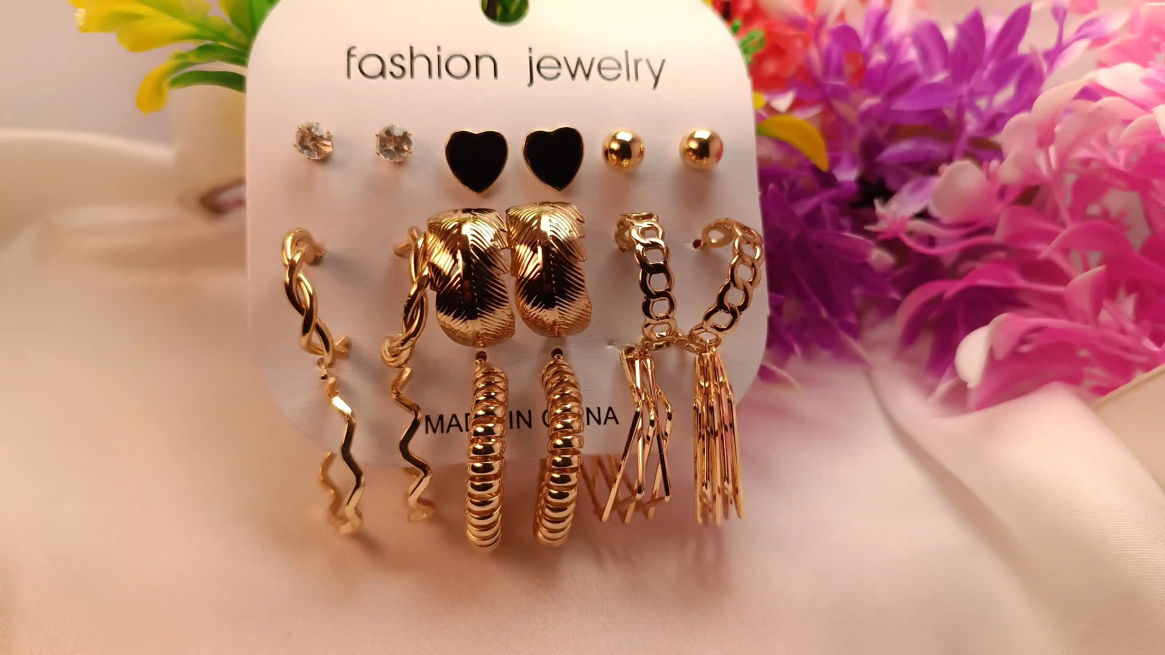 Ultimate 9-Pair Gold Earring Collection – Curated Set featuring Black Hearts, Crystal Studs, and Chunky Textured Hoops