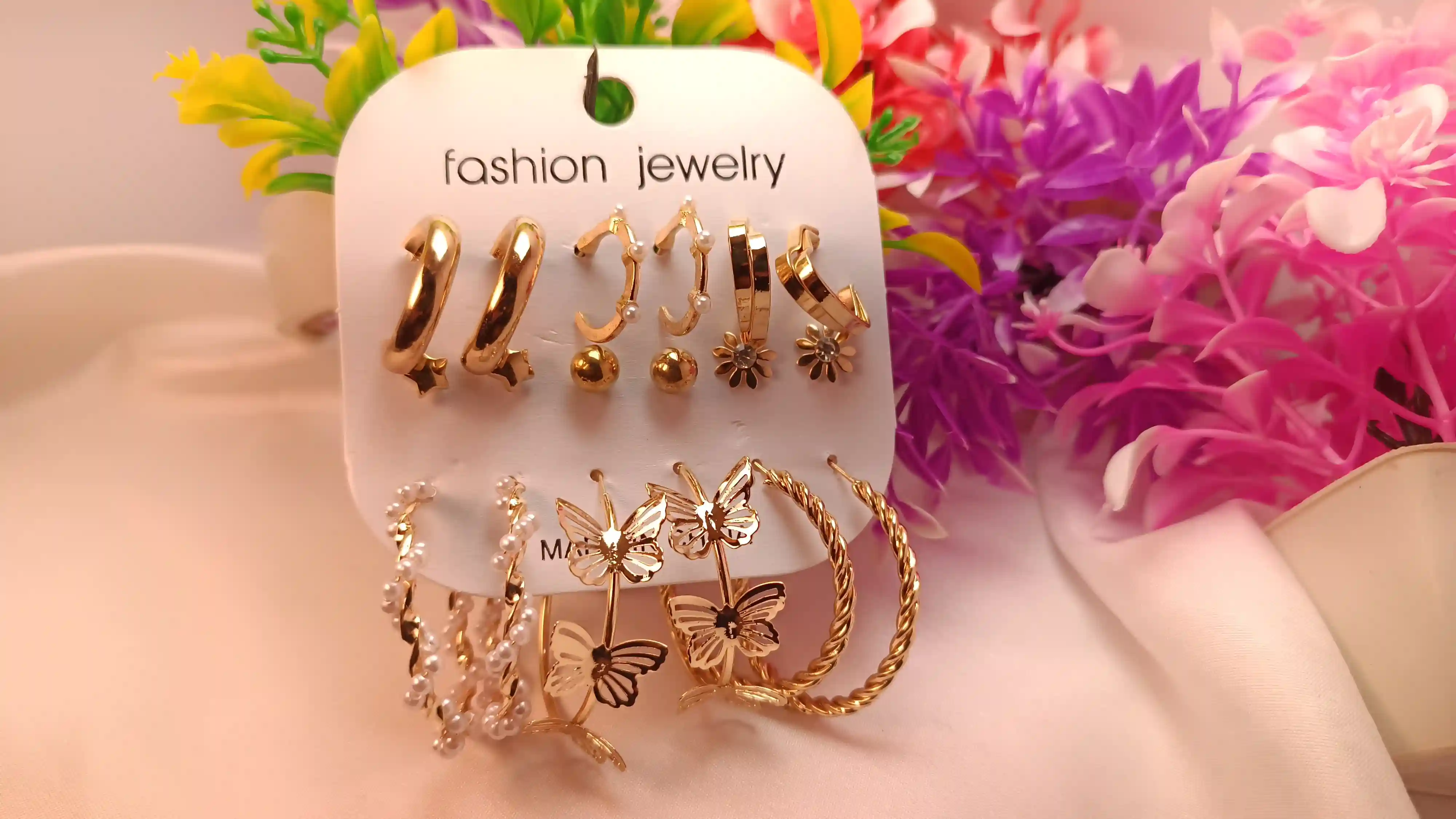Ultimate 9-Pair Gold Earring Set – Curated Collection with Butterfly Hoops, Pearl Accents & Floral Studs