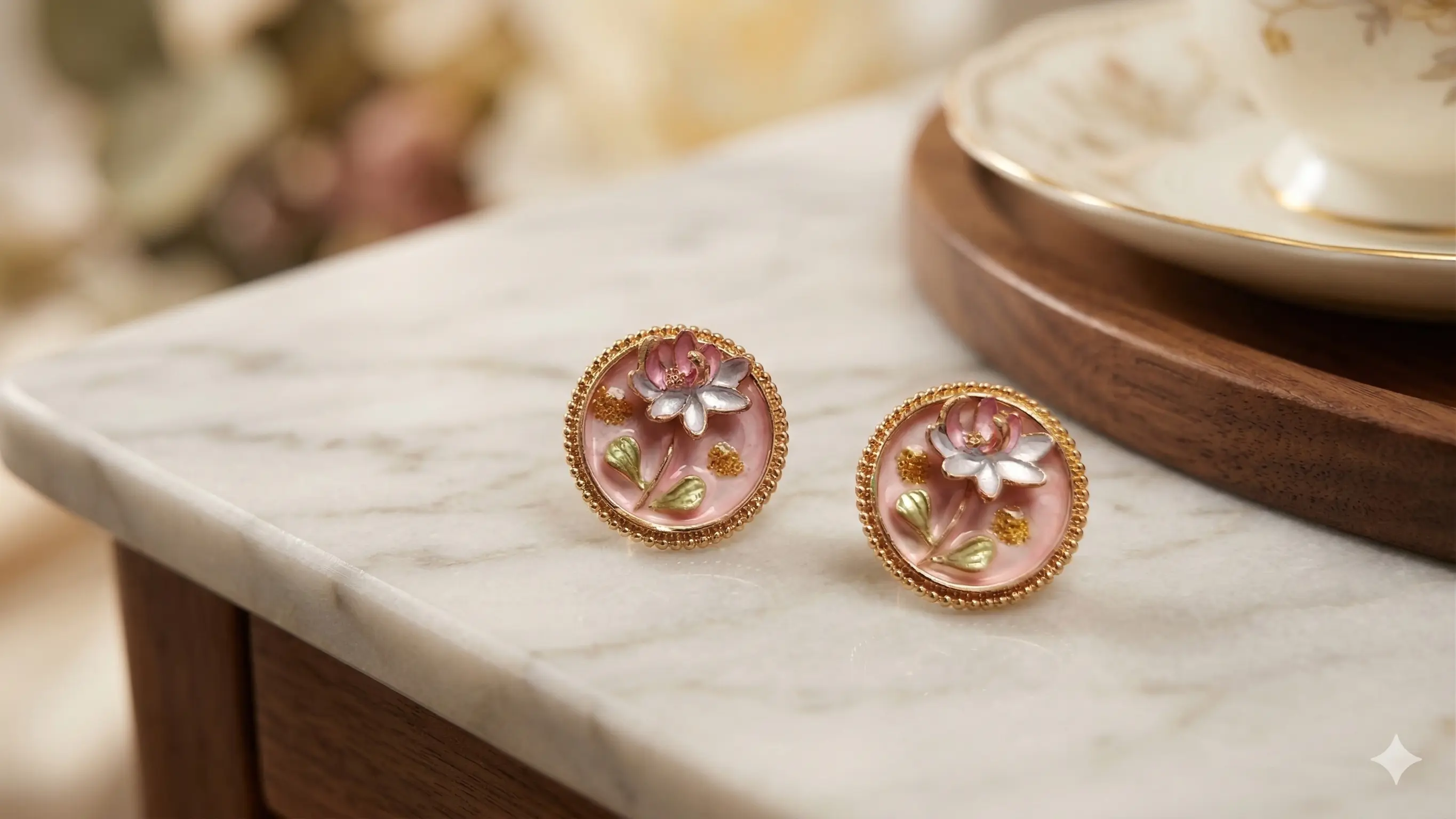 Vintage Bloom Rose Pink Medallion Studs | Hand-Painted Floral Cameo Earrings with Gold Beaded Border
