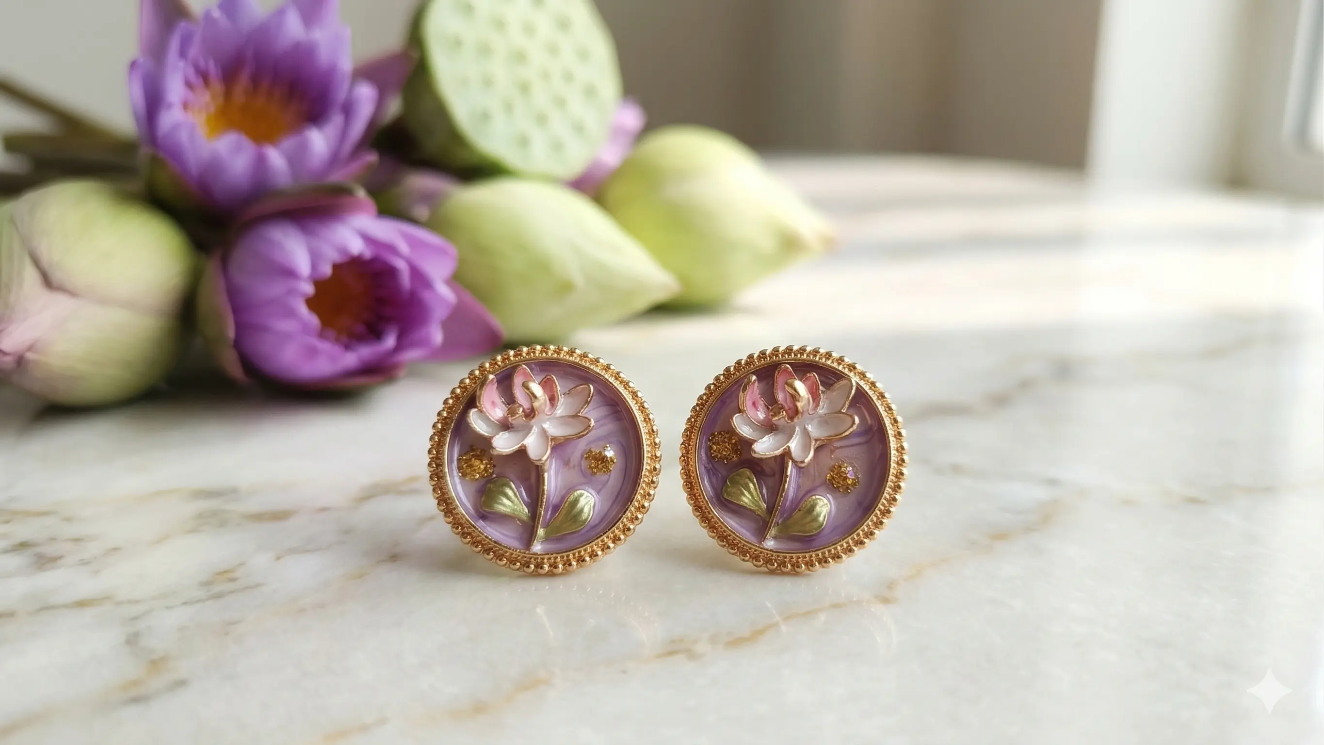 Vintage Bloom Purple Medallion Studs | Hand-Painted Floral Cameo Earrings with Gold Beaded Border